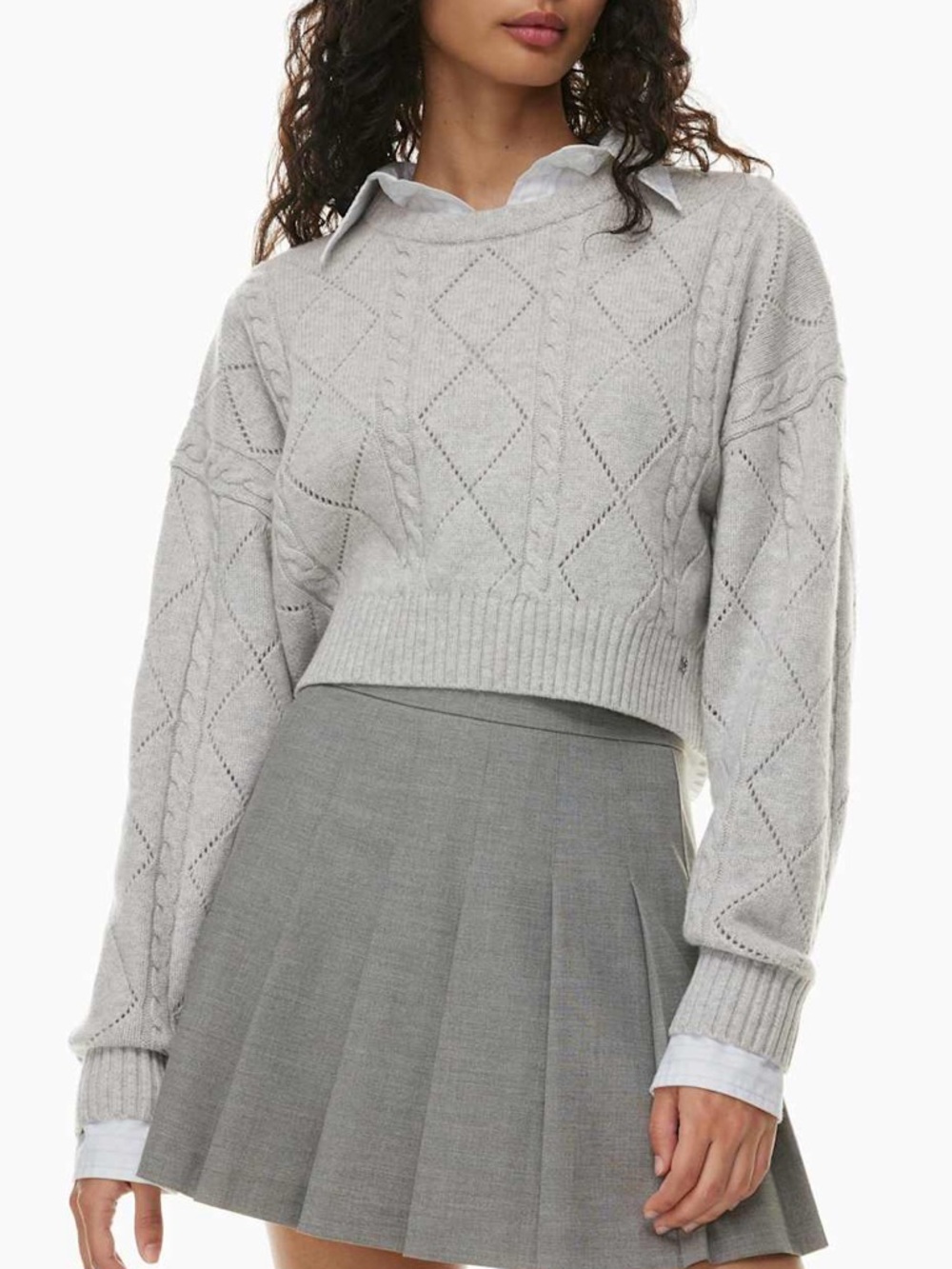Aritzia Sunday Best Peggy Cropped Wool Sweater Gray Diamond Cable Knit